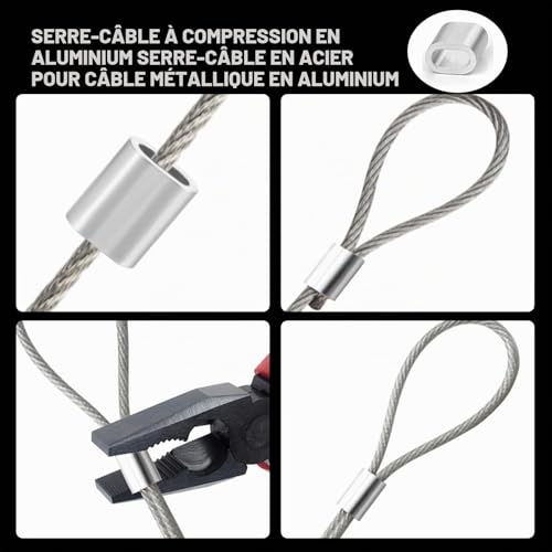 Batheidon Lot de 120 serre cable acier en Aluminium de 3 mm, Manchons de Serrage en Métal pour Cordes, Connecteurs de Câble, Câble en Acier et Autres Applications, Durable et Fiable (Argenté) – vue 4