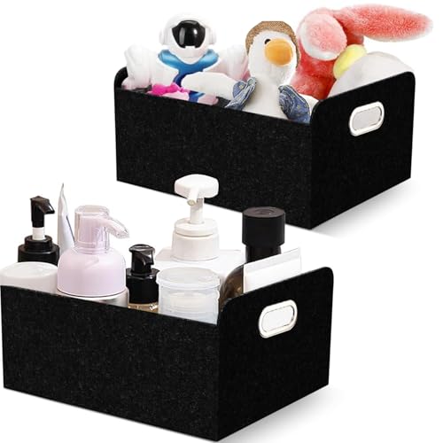 Duscdesp 2 Stück Filz Korb Aufbewahrung Faltbare Filzkorb Aufbewahrungskörbe, Rechteckig Filzbox Filz Organizer Regal Körbchen mit Zwei Metall Griffen, Filztasche für Regal und Kleiderschrank, Schwarz