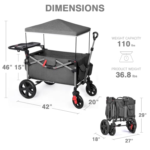 Image of EVER ADVANCED Foldable Wagons for Two Kids & Cargo, Collapsible Folding Wagon Stroller with Adjustable Handle Bar,Removable Canopy with 5-Point Harness,Black