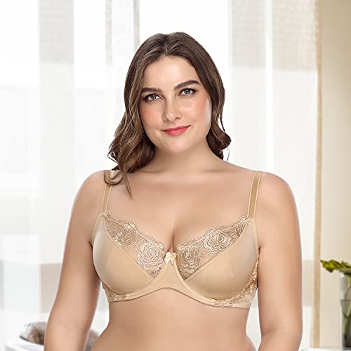 Wingslove Women's Full Coverage Unlined Underwire Bra Embroidered Minimizer Lace Bra No-Padded (34D-44H) Nude #TOP3
