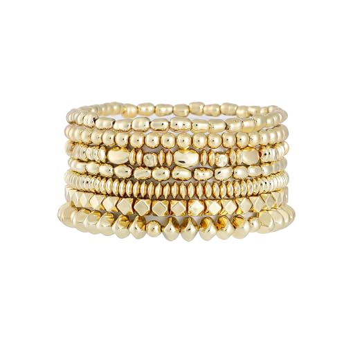 Sajidos Gold Plated Beaded Bracelets for Women Trendy, 14K Gold Plated Stack Cross Pearl Bead Stretch Bracelets Set Elastic Hypoallergenic Bracelets Jewelry Gifts