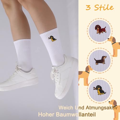 Utensilsto 3 Paare Damen Dackelsocken Tennissocken Sportsocken, Dackel Geschenke Atmungsaktive Socken Damen Baumwolle Mittelrohrsocken, Crew Socken für Hundebesitzer 38-42