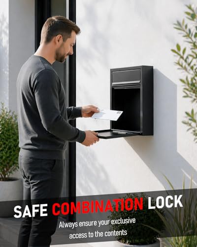 Image of Uniclife Wall Mount Mailbox for Outside, Large Locking Mailbox with Combination Lock, Security Mail Box for House, Safe Key Drop Box, Post Box, Steel Cash Drop Box for Home Office School, Black