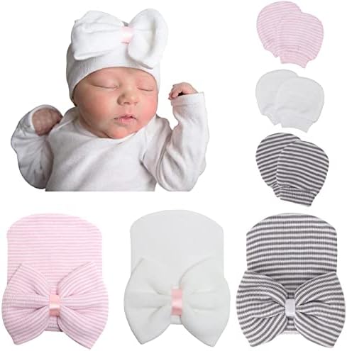 DRESHOW Newborn Baby Hat and Mittens, 3 Hats and 3 Pairs Mittens for Babies, Boys, Girls,Ages 0-3 Months