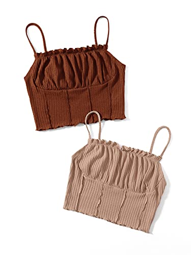 Romwe Women s 2 Pack Ribbed Sleeveless Ruched Bust Cropped Cami Top Camisole Brown and Khaki M