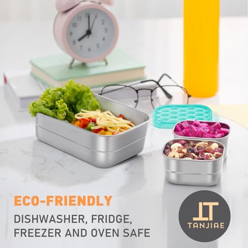 Image of Tanjiae Stainless Steel Lunch Snack Containers Set | Leak Proof 304 Stainless Steel Food Containers with Silicone Lids - Perfect Metal Lunch Box for School and Daycare (Green Orange Lunch, Medium)