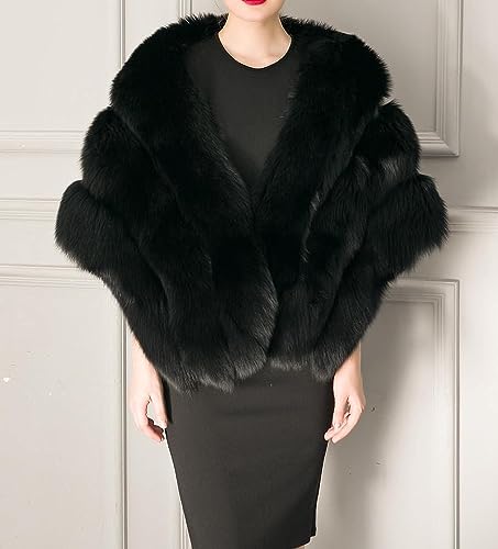UMREN Women's Luxury Party Faux Fox Fur Long Shawl Cloak Cape for Winter Burgundy A by UMREN - Image 4