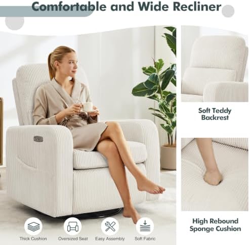 AEMEIOS Power Swivel Rocker Recliner, Glider Recliner Nursery Chair, Cream — view 6