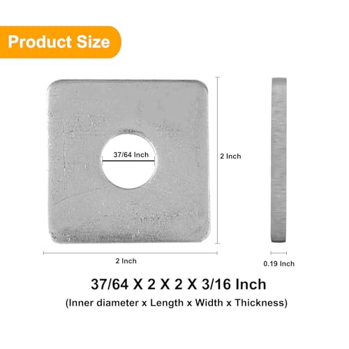50 Pcs M14 Galvanized Square Washer Flat Plate Fastener Heavy Duty Hardware 37/64(ID) X 2 X 2 (Square OD) X 3/16 (THK) inch for 1/2 and 9/16 Bolt by LeaGerous - Image 2