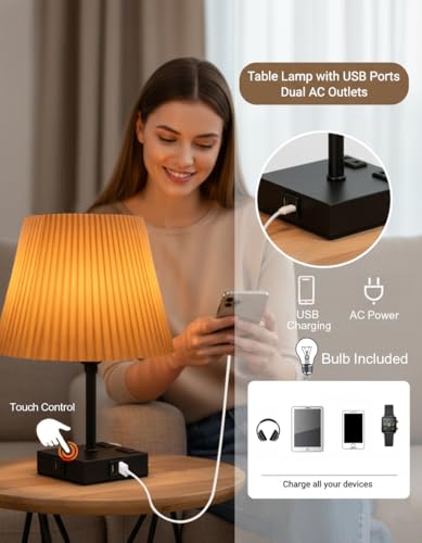Image of Homesake Touch Table Lamp with USB A + Type C Charging Ports Dual AC Outlets, Touch Control, Medium Size, Bulb Included Night Stand, Bedside Desk Light Bedroom Living Room Office, (Khadi Frill)