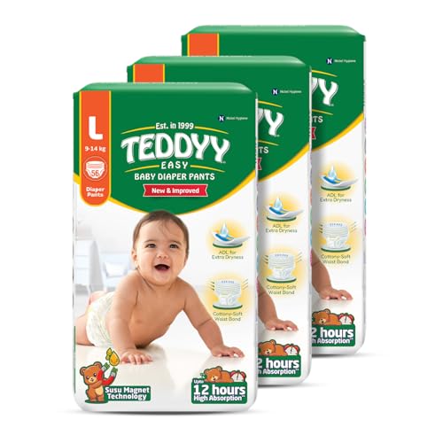 Image of TEDDYY Baby Diapers Pants Easy Large 56 Count (Pack of 1), 9-14 kgs, 12 hrs Leak Protection, Anti - Bacterial