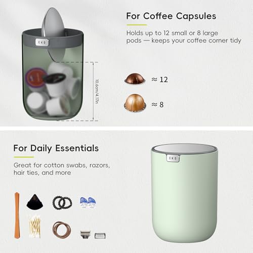 Image of EKO Fandy 0.4 Gal /1.5L Mini Tabletop Trash Bin with Swing-Lid, Desktop Trash Can for Bathroom Countertop, Vanity, Coffee or Office, Small Garbage Bin (Sage)