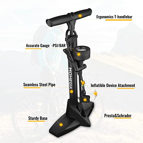 Bike Floor Pump With Gauge, Mohegia Bicycle Tire Pump,Top-Mounted Gauge High Pressure 160 Psi/Fits Schrader And Presta Valve/Air Inflator For Tires, Balls, Balloons, Inflatables #TOP6