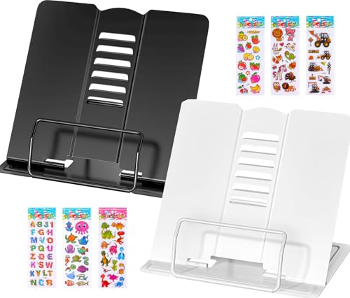 2 Piezas Atril para Libros metal, Atril Lectura de Metal con 6 ángulos Ajustables Estante Lectura de Metal Multifuncional Estantes de Lectura para Cocina, Escuela, Oficina (Negro+Blanco)