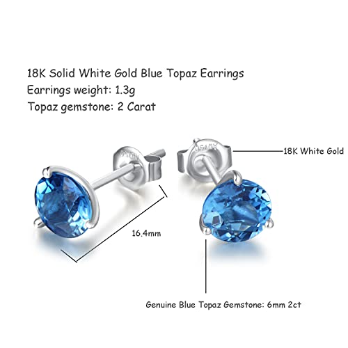 Carleen 18K Solid White Gold Stud Earrings, Round Natural Blue Topaz Three Prong Studs Earrings Fine Gemstone Jewelry For Women Girls, Gifts For Mom Her #TOP2