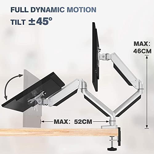 ErGear Dual Monitor Arm for 13-32" LCD/LED, Gas Spring Full Range Motion Technology Double Monitor Stand with Ergonomic Design, Dual Monitor Mount VESA 100/75mm Weight 8KG - Sliver