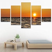 SIGNWIN 5 Panel Canvas Wall Art Coastal Orange Photography Relax/Calm Romantics Sunset Warm for Home Decorations Ready to Hang - 60