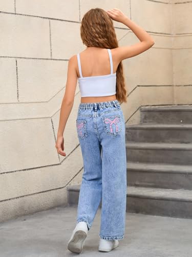 WDIRARA Girl's Bow Print Back Zipper Fly Elastic High Waist Denim Pants Basic Wide Leg Jeans3