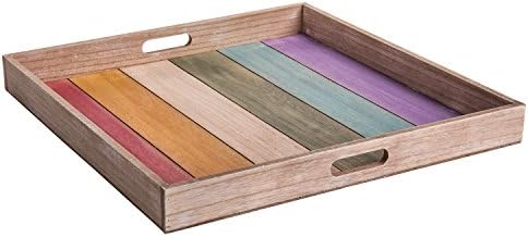 MyGift Rustic Rainbow Wood Large Serving Tray with Handles, 19 x 19 inch Decorative Tray for Breakfast in Bed, Tea, Coffee
