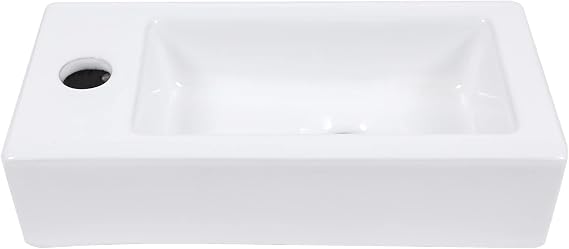 Wall Mount Hung Small Vessel Sink - Kichae 14 x7 Modern Bathroom Rectangle Above Counter White Porcelain Ceramic Vessel Vanity Sink with Faucet Hole