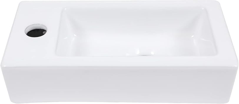 Wall Mount Hung Small Vessel Sink - Kichae 14 x7 Modern Bathroom Rectangle Above Counter White Porcelain Ceramic Vessel Vanity Sink with Faucet Hole