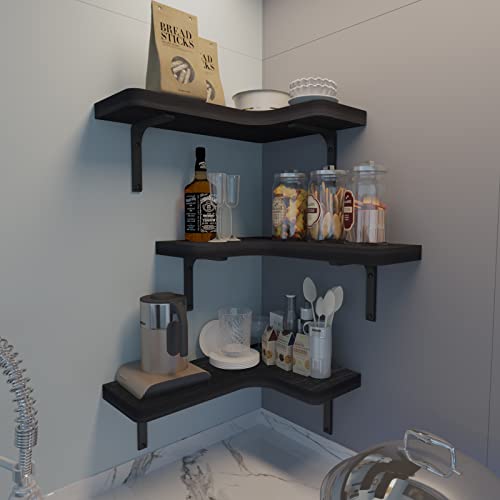 Saumonieres Corner Floating Shelves Wall Mount Shelf Solid Wood For Bedroom Bathroom Room Kitchen Storage Set Of 3, Black, Metal Brackets #TOP4
