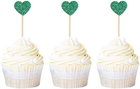 Ercadio Heart Cupcake Toppers Glitter Love Theme Cupcake Picks Decorations for Sweet Wedding Bridal Shower Birthday Party Supplies 40 PCS Green