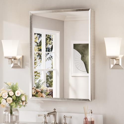Keonjinn Brushed Nickel Medicine Cabinet Mirror 24" x 32", Assembly Needed, Recessed Medicine Cabinet with Mirror for Bathroom, Beveled Framed, Surface Wall-Mounted or Recessed, Tempered Glass