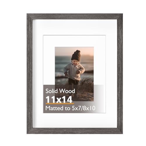 KINLINK 11x14 Picture Frame Ash Black, Solid Wood Frame 11x14 with Acrylic Plexiglass for Pictures 5x7/8x10 With Mat,Tabletop and Wall Display, 11 x 14 Picture Frame Set of 1
