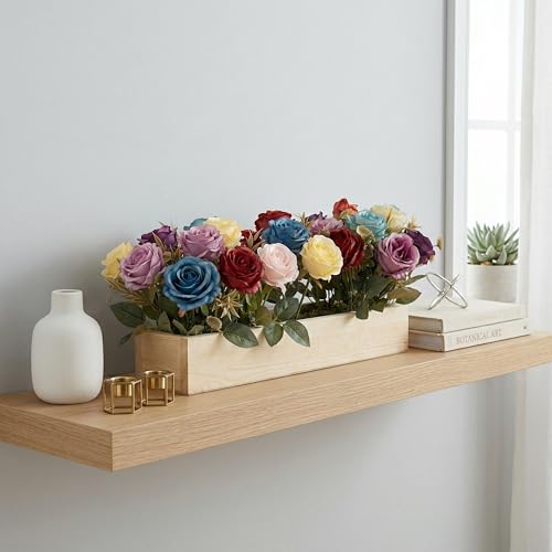 Image of Dekorly Artificial Multi Color Roses Flower Arrangement with Wooden Planter (24 CM) | Premium Realistic Floral Decor for Table & Living Room | Stylish Indoor Decor for Living Room