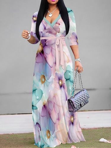 Image of PinkPatty Women's Long Sleeve Maxi Dress Plus Size Trendy Wedding Guest Wrap Dress with Pockets&Belt