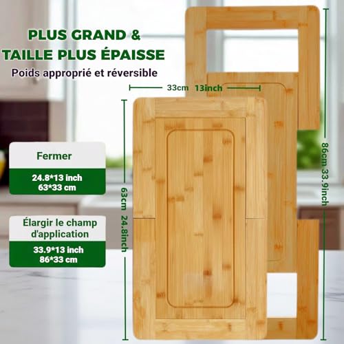 Planche à découper pour évier extensible en bambou avec bac d'égouttement