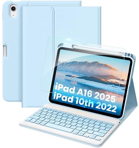 EasyAcc Teclado iPad A16 11 Generación 2025/10 Generación 2022 (11/10,9 Pulgada), QWERTY Español Ñ, Bluetooth Magnéticamente Teclado con Película Protectora para iPad 10/11 Gen, Azul
