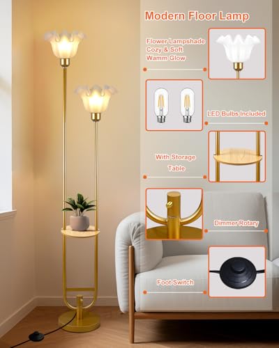 Image of Flower Floor Lamps with Table, 2-Lights Dimmable Floral Floor Lamp, 3000K Warmwhite Modern Floor Lamp, Vintage Gold Standing Lamp with 5Lbs Heavy Base for Living Room Bedroom Girls Room
