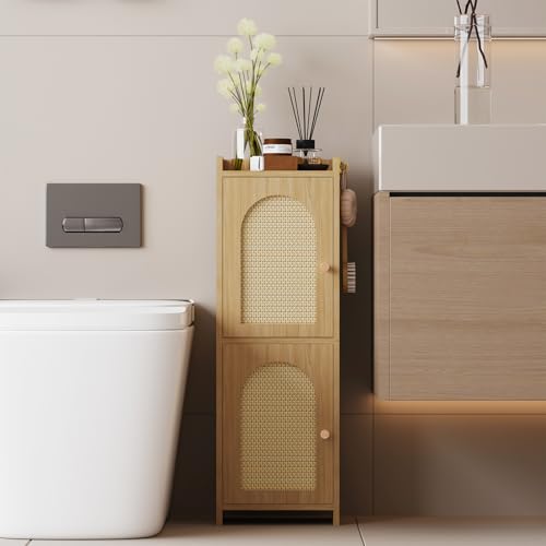 Arbuxzuy Rattan Bathroom Storage Cabinet Corner Floor Cabinet with 2 Doors and Adjustable Shelf Narrow Toilet Paper Cabinets with 2Hooks Toilet Organizer for Small Spaces 7.87D*9.84W*29.72H Oak