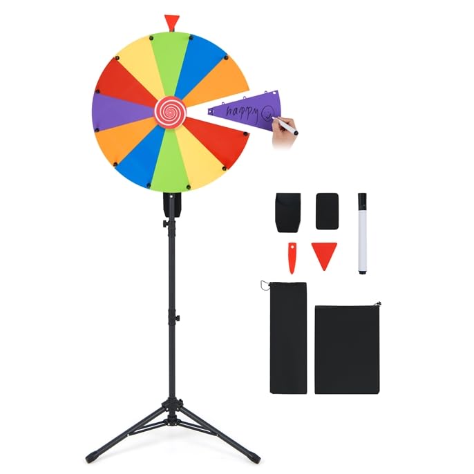 COSTWAY 60 cm Ruota della Fortuna con Altezza Regolabile 134-171 cm | Ruota dei Premi Rotante con 12 Slot, Supporto Tripode Pieghevole, Pennarello e Cancellino, Portapenne e 2 Sacchetti per Feste