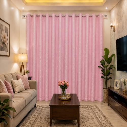 Image of Double Curtains 2 in 1 Embroidery Transparent Curtain with 80% Blackout Curtain Best for Every Interior Living Room (Pink, 9 feet Set 2)