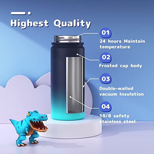 Kids Water Bottle, 16Oz Water Bottles Kids With Straw And Stickers, Stainless Steel Vacuum Double Wall Insulated Cup, Kids Water Bottle For School, Gifts For Boys(Navy Blue) #TOP3