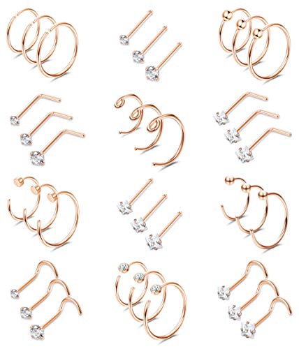 Thunaraz 36Pcs 20G Stainless Steel Nose Ring Hoops Nose Studs Screw Piercing for Men Women CZ Inlaid Lip Eyebrow Tragus Jewelry Set Rose Gold Tone