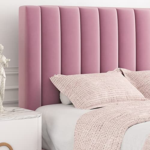 Image of Allewie Full Platform Bed Frame /Velvet Upholstered Bed Frame with Vertical Channel Tufted Headboard /Strong Wooden Slats /Mattress Foundation /Box Spring Optional /Easy Assembly /Pink