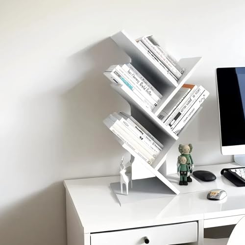 Godferyxin Small Bookcase for Desk Decor, 5-Tier White Wood Small Bookshelf – Compact Corner Mini Bookcase for Bedroom, Office, or Apartment, Holds Books, CDs, and Decor Book Tree Bookshelf