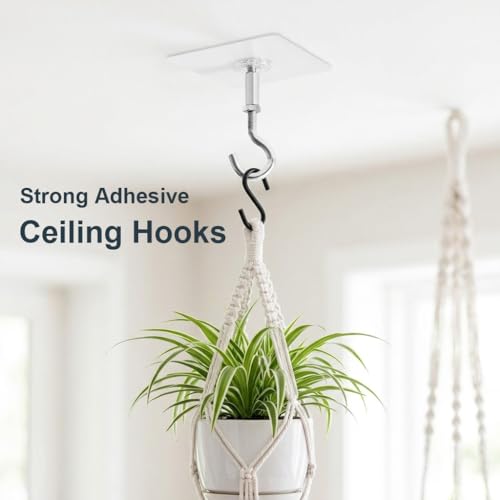 Image of HASTHIP 4Pcs Ceiling Hooks Adhesive Heavy Duty Stick On Ceiling Hangers with Large Adhesive Pads for Hanging Plants Pots, Lights Wind Chimes and Home Storage