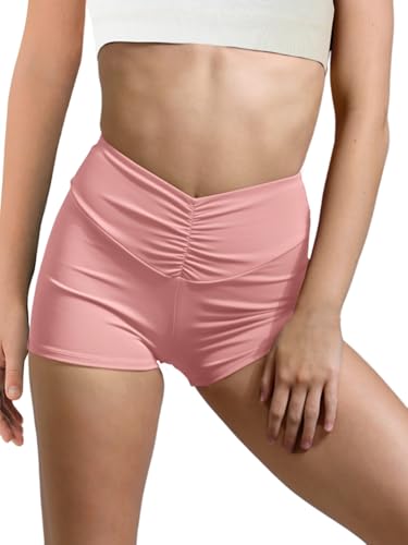 Haloumoning Girls Athletic Ruched V-Waist Shorts Kids Workout Yoga Dance Shorts Active Gymnastics Shorts Pink