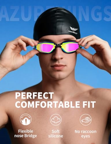 AzureWings 2 Pack Swim Goggles No Leak Anti-Fog & UV, Swimming Goggles for Adult Men Women, Wide Visio HD Mirror PC Lens (Black-Blue+Purple) — view 2