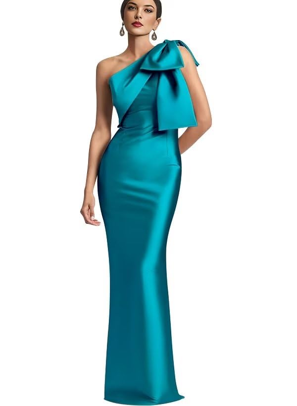 Image of One Shoulder Bridesmaid Dresses with Bow Long Mermaid Satin Back Slit Mother of The Bride Dresses PM004