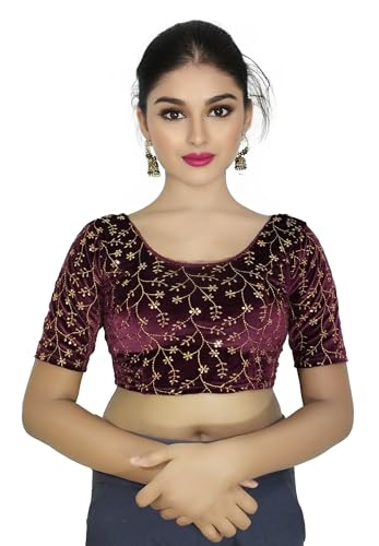 Image of PU Fashion Stylish Golden Embroidery Work Readymade Stretchable Velvet Blouse - Soft Breathable Fabric, Saree Blouse for Women