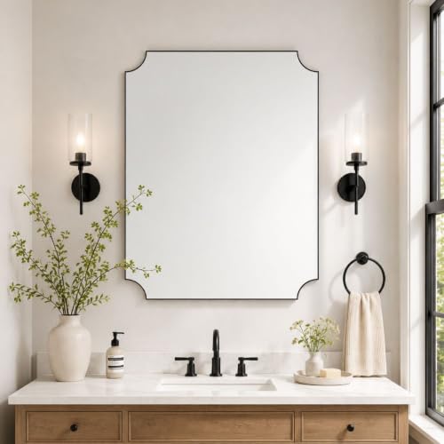 Image of TEHOME 24x30'' Black Vanity Mirror for Bathroom, Matt Black Scalloped Framed Bathroom Vanity Mirror