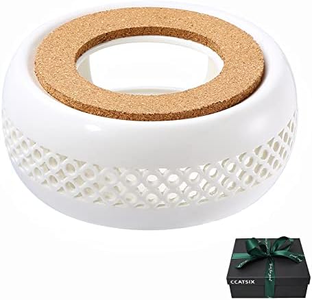 CCATSIX Teapot Warmer, Ceramic Base Heating by Candle,Suitable for Teapot and Mugs, Aromatherapy Equipment Contains 1 Glass Dish (White)