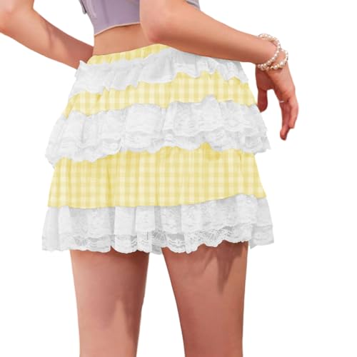 Japanese Kawaii Lace Plaid Skirt Patchwork High Rise Tiered Flowy Pleated Skirt2