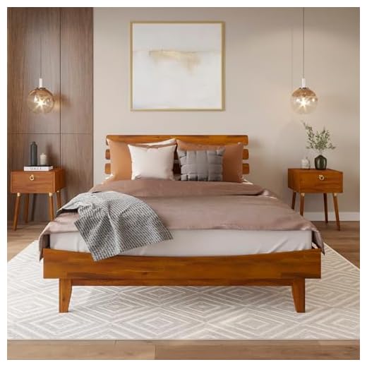 Bme Caden 15 Inch Deluxe Bed Frame with Adjustable Headboard - Mid Century, Retro Style with Acacia Wood - No Box Spring Needed - 12 Strong Wood Slat Support - Easy Assembly - Caramel, Queen